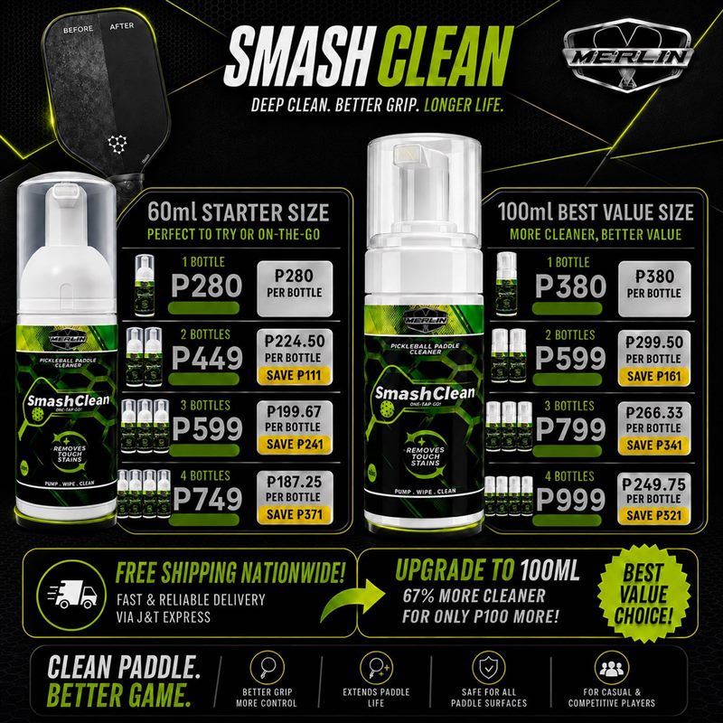 SmashClean pickleball paddle cleaner, 60ml and 100ml, with a before and after of a paddle